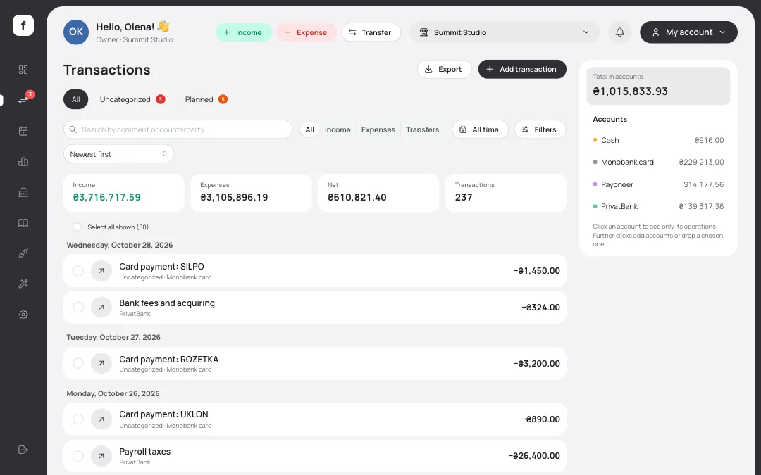 finiq transaction list with income and expense totals and a panel of account balances