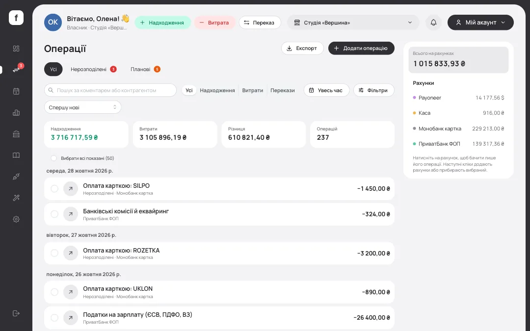 Список операцій finiq із підсумками надходжень і витрат та панеллю залишків рахунків
